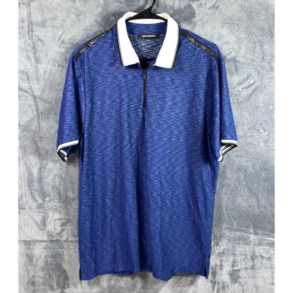 Karl Lagerfeld Paris Polo Shirt Men Large Blue 1/4 Zip Pullover Short Sleeve